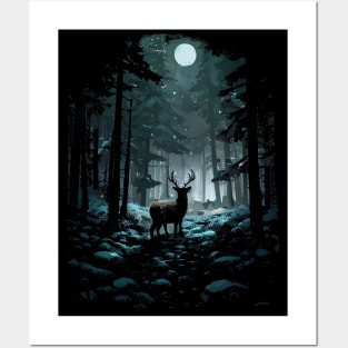 Winter Woods Deer - Night Snow and Moon Posters and Art